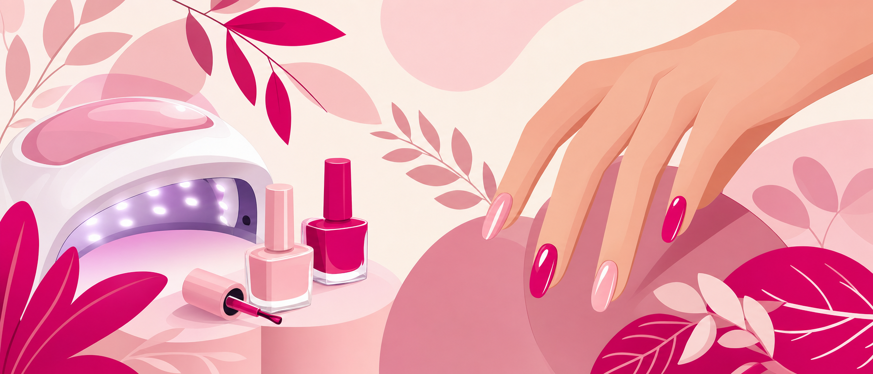 Manicura con esmalte semipermanente: mano con uñas de gel rosa, esmaltes y lámpara UV/LED